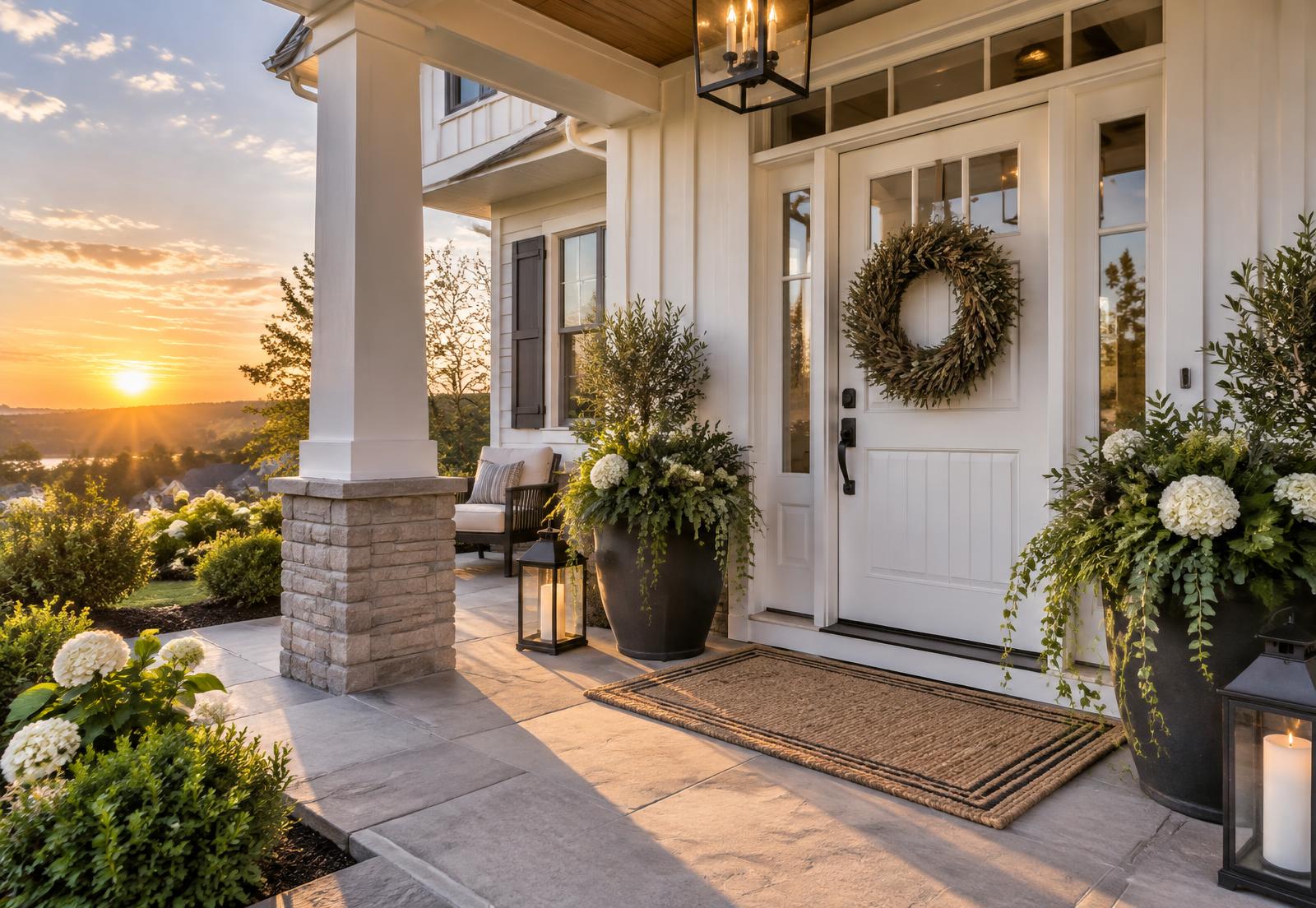 Front porch styled with planters, a wreath, and lanterns at golden hour