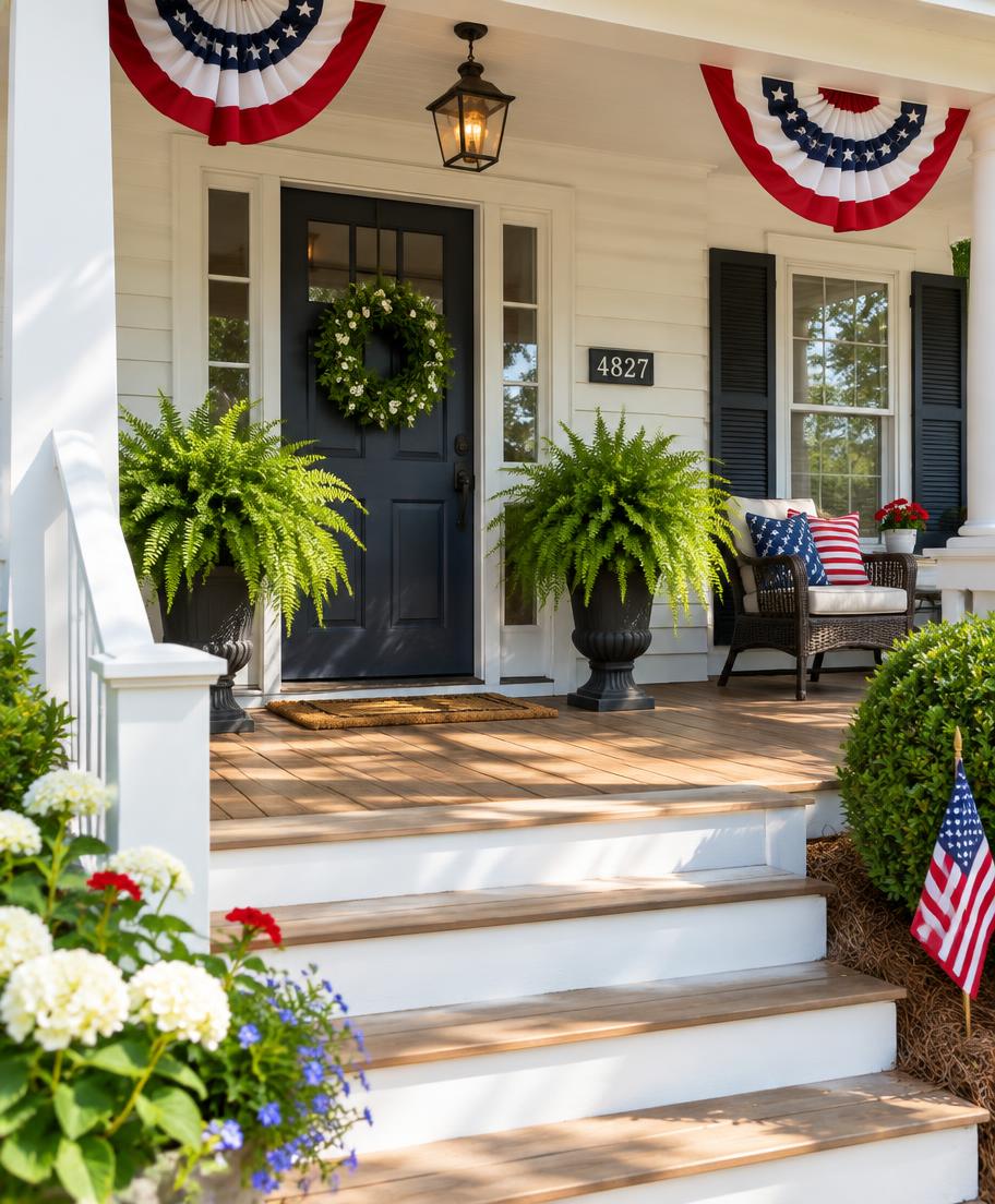 Summer porch with ferns and americana bunting